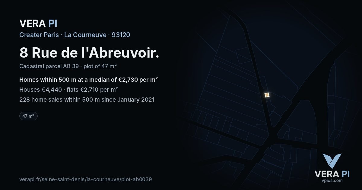 8 Rue de l'Abreuvoir, La Courneuve at night – the plot lit, the parcels around coloured by the prices near them