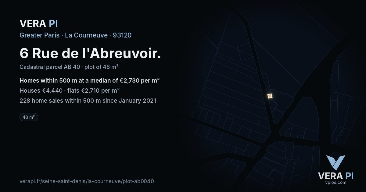 6 Rue de l'Abreuvoir, La Courneuve at night – the plot lit, the parcels around coloured by the prices near them