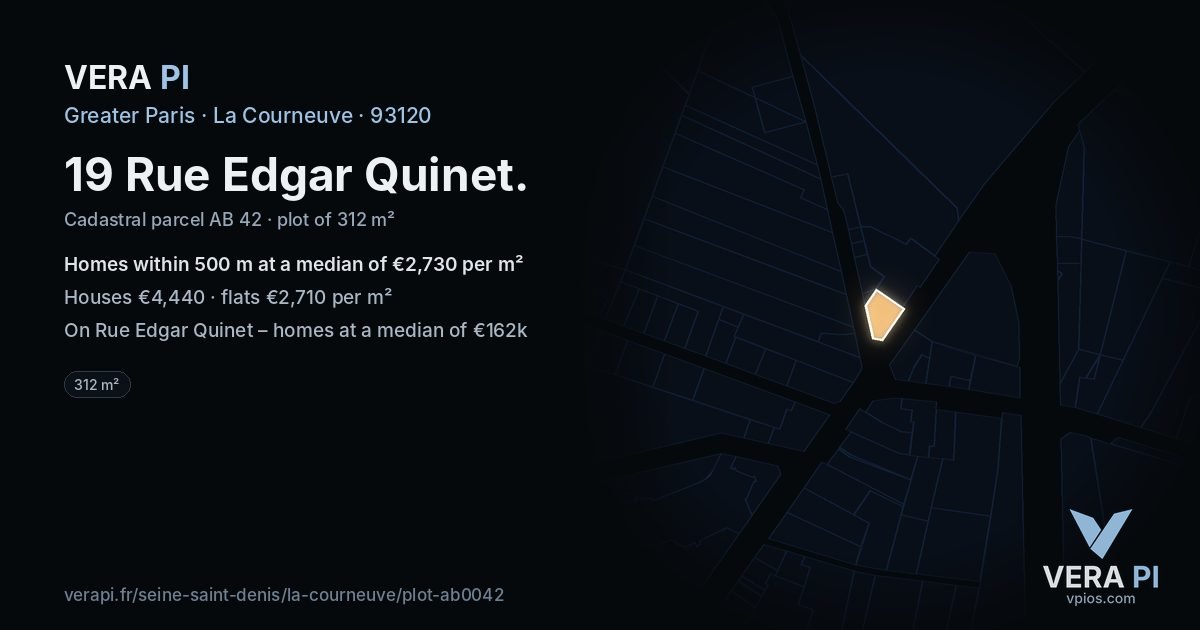 19 Rue Edgar Quinet, La Courneuve at night – the plot lit, the parcels around coloured by the prices near them