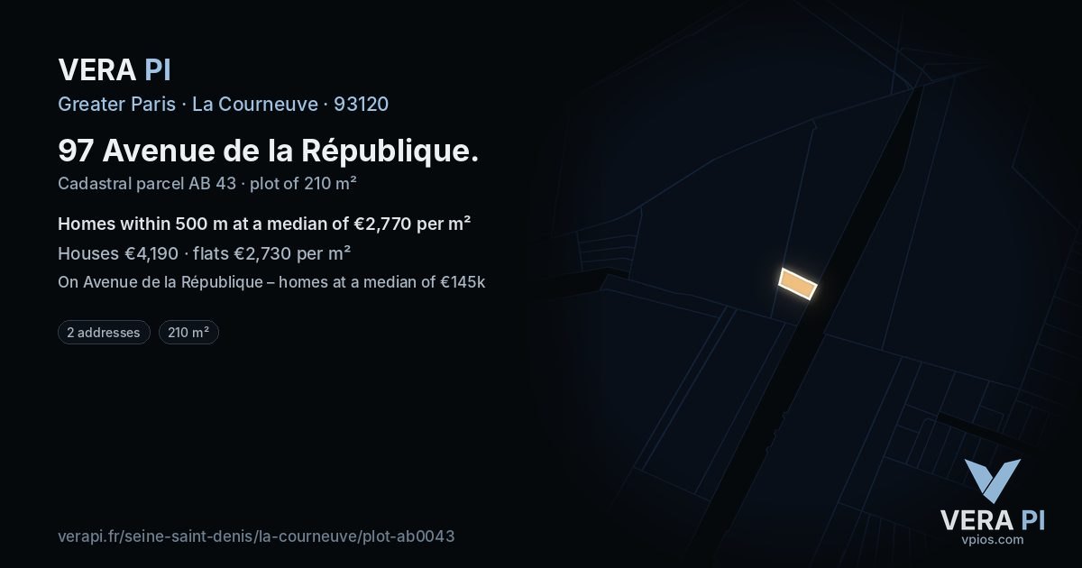 97 Avenue de la République, La Courneuve at night – the plot lit, the parcels around coloured by the prices near them