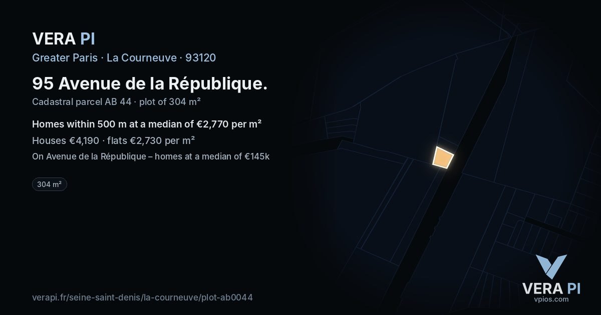 95 Avenue de la République, La Courneuve at night – the plot lit, the parcels around coloured by the prices near them
