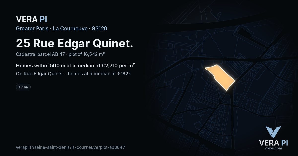 25 Rue Edgar Quinet, La Courneuve at night – the plot lit, the parcels around coloured by the prices near them