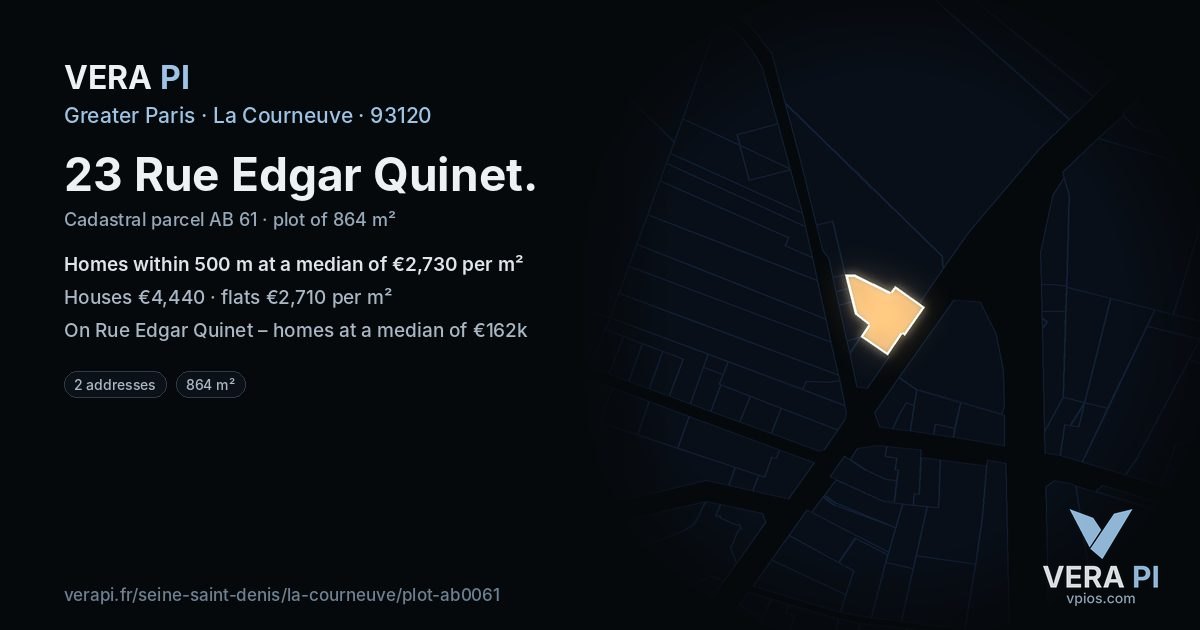 23 Rue Edgar Quinet, La Courneuve at night – the plot lit, the parcels around coloured by the prices near them