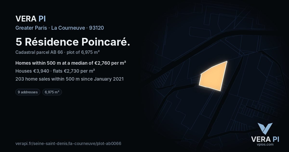 5 Résidence Poincaré, La Courneuve at night – the plot lit, the parcels around coloured by the prices near them