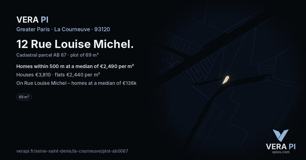 12 Rue Louise Michel, La Courneuve at night – the plot lit, the parcels around coloured by the prices near them