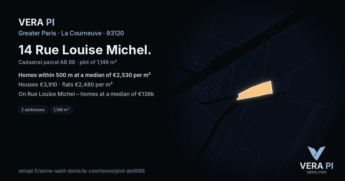 14 Rue Louise Michel, La Courneuve at night – the plot lit, the parcels around coloured by the prices near them