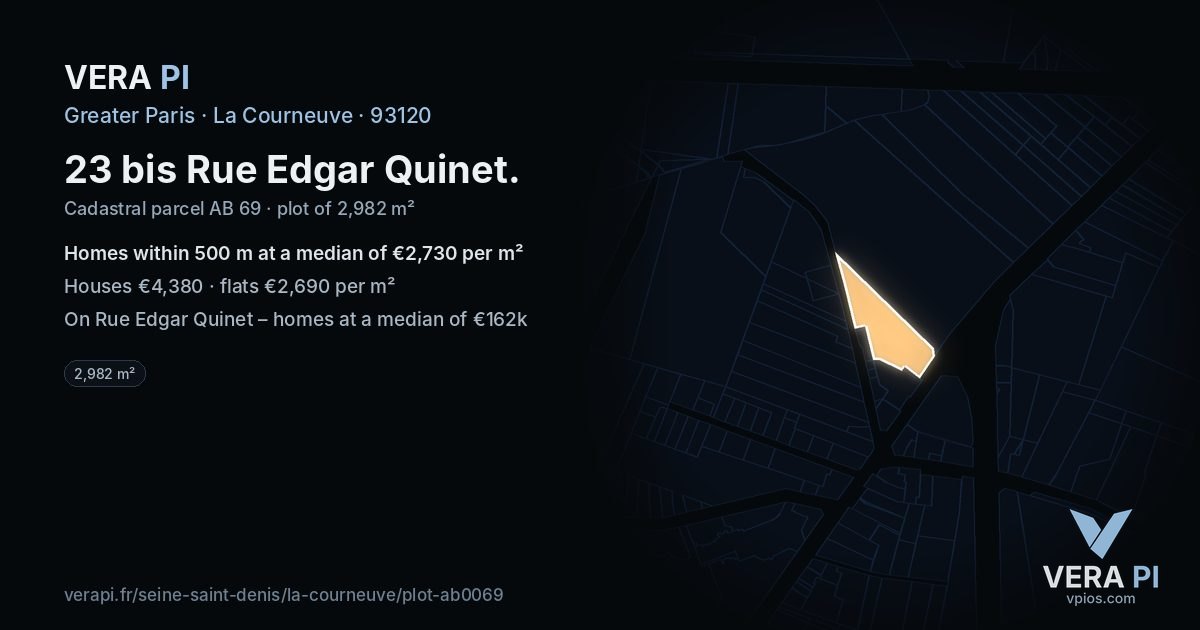 23 bis Rue Edgar Quinet, La Courneuve at night – the plot lit, the parcels around coloured by the prices near them
