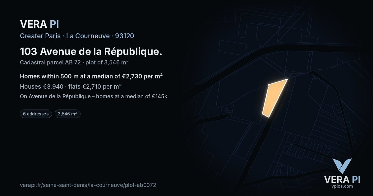 103 Avenue de la République, La Courneuve at night – the plot lit, the parcels around coloured by the prices near them