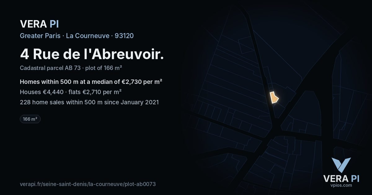 4 Rue de l'Abreuvoir, La Courneuve at night – the plot lit, the parcels around coloured by the prices near them