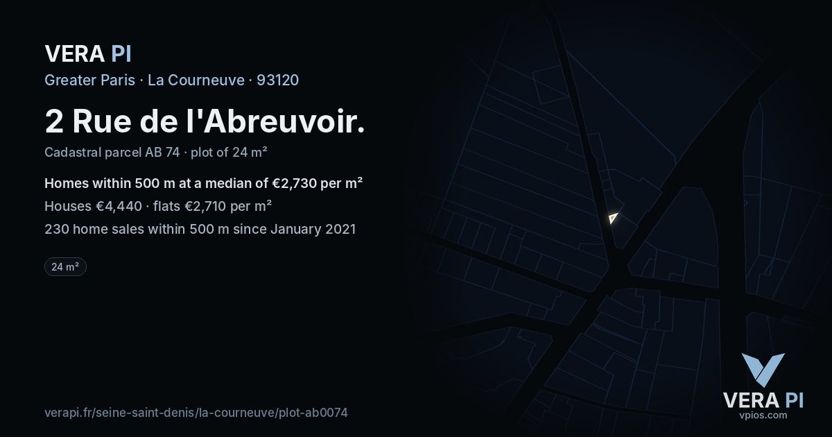 2 Rue de l'Abreuvoir, La Courneuve at night – the plot lit, the parcels around coloured by the prices near them