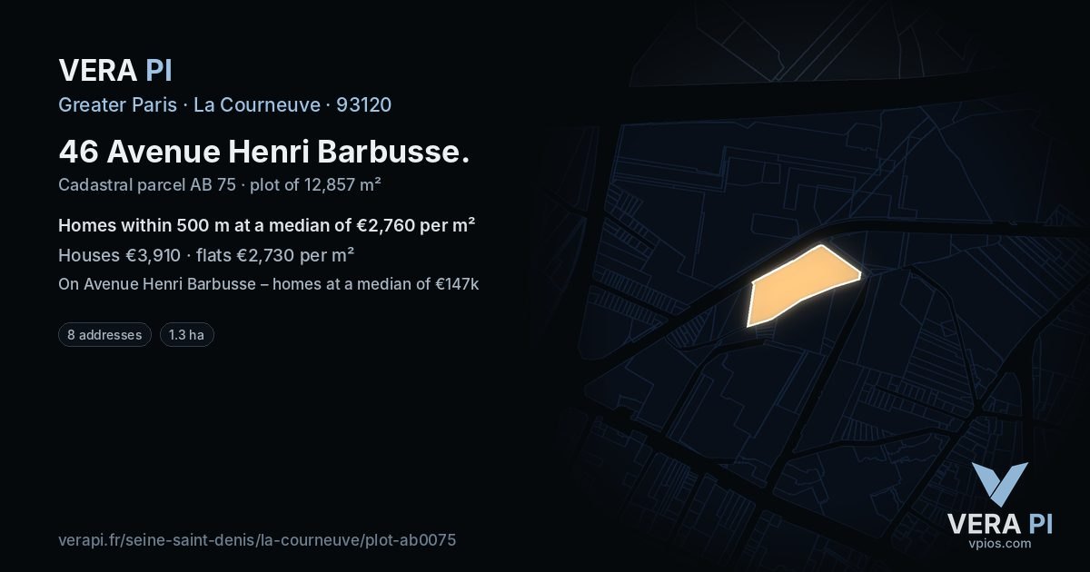 46 Avenue Henri Barbusse, La Courneuve at night – the plot lit, the parcels around coloured by the prices near them