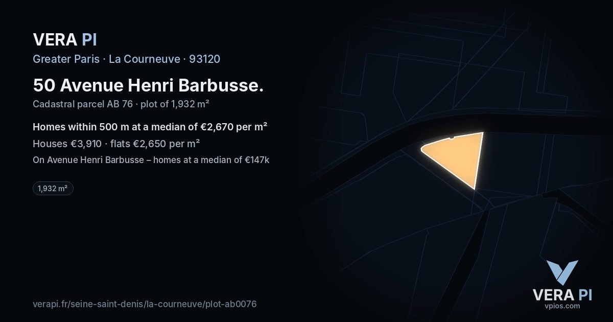 50 Avenue Henri Barbusse, La Courneuve at night – the plot lit, the parcels around coloured by the prices near them