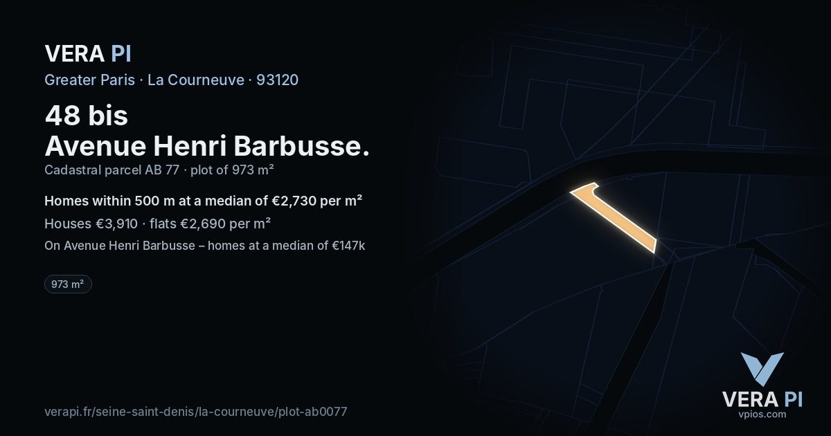 48 bis Avenue Henri Barbusse, La Courneuve at night – the plot lit, the parcels around coloured by the prices near them