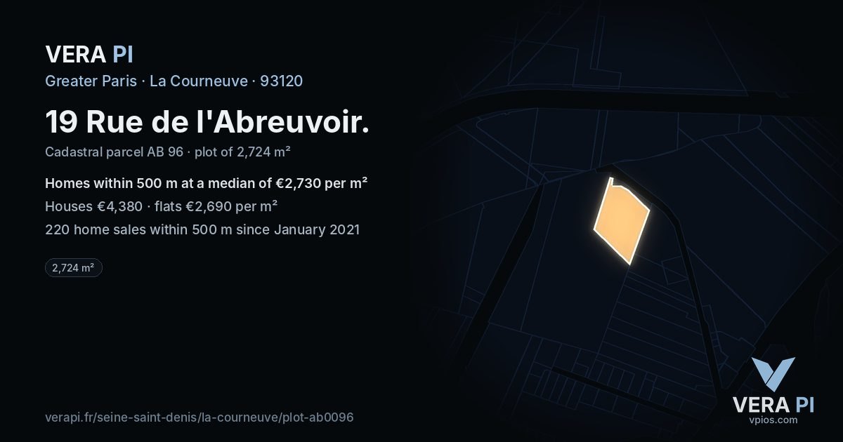 19 Rue de l'Abreuvoir, La Courneuve at night – the plot lit, the parcels around coloured by the prices near them