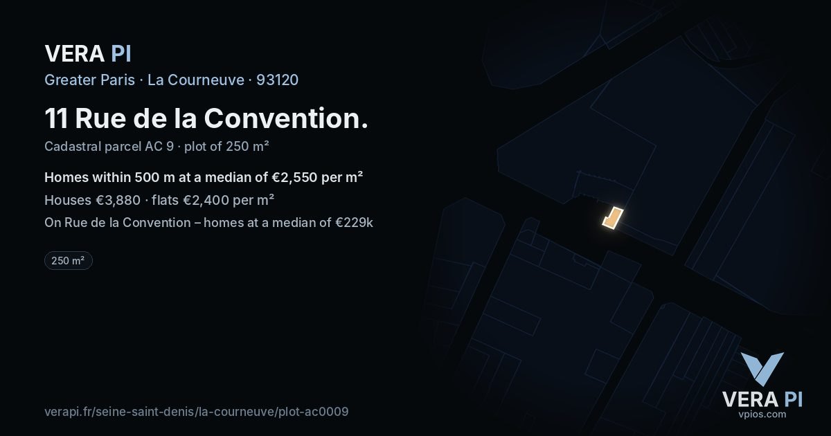 11 Rue de la Convention, La Courneuve at night – the plot lit, the parcels around coloured by the prices near them