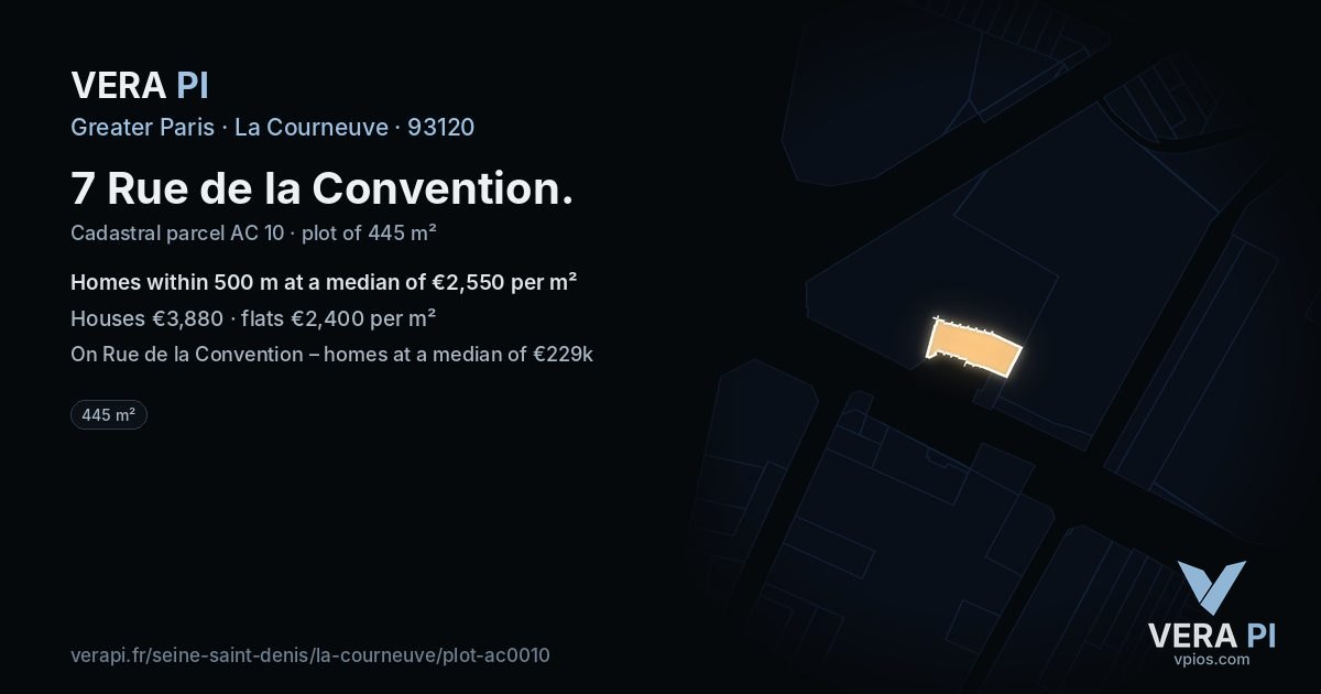 7 Rue de la Convention, La Courneuve at night – the plot lit, the parcels around coloured by the prices near them