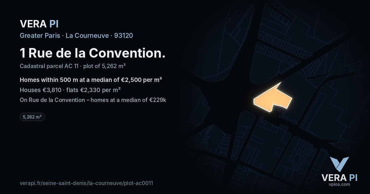 1 Rue de la Convention, La Courneuve at night – the plot lit, the parcels around coloured by the prices near them