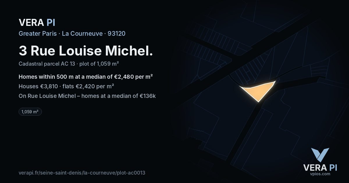3 Rue Louise Michel, La Courneuve at night – the plot lit, the parcels around coloured by the prices near them