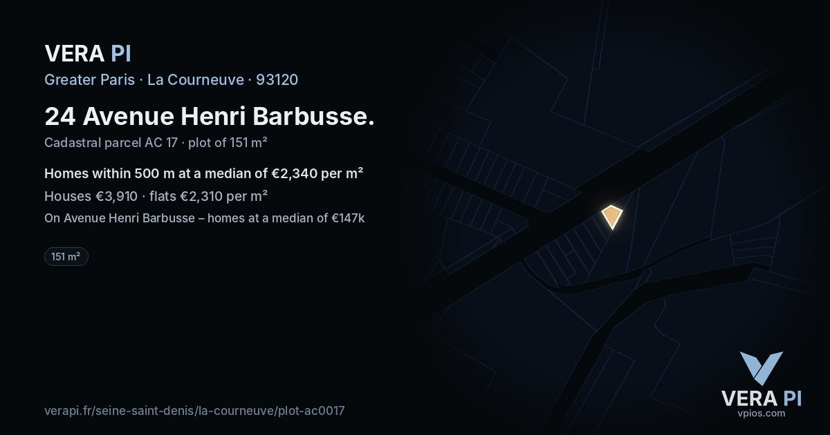 24 Avenue Henri Barbusse, La Courneuve at night – the plot lit, the parcels around coloured by the prices near them