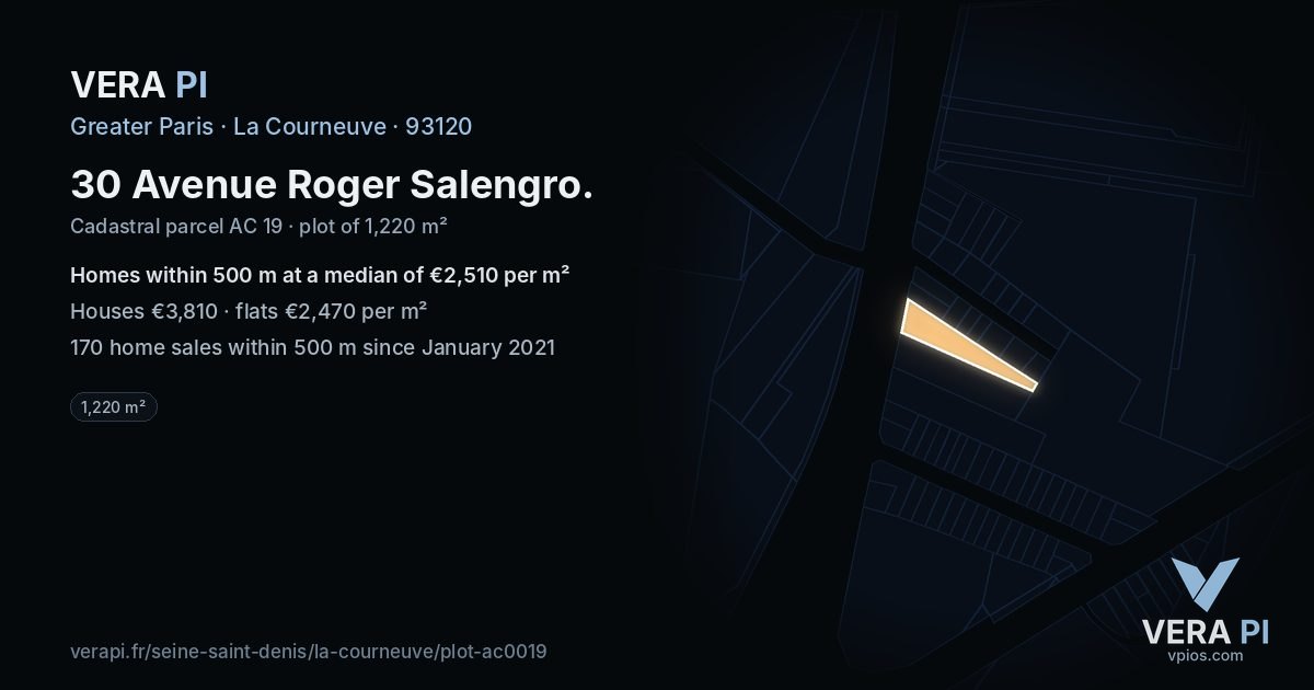 30 Avenue Roger Salengro, La Courneuve at night – the plot lit, the parcels around coloured by the prices near them
