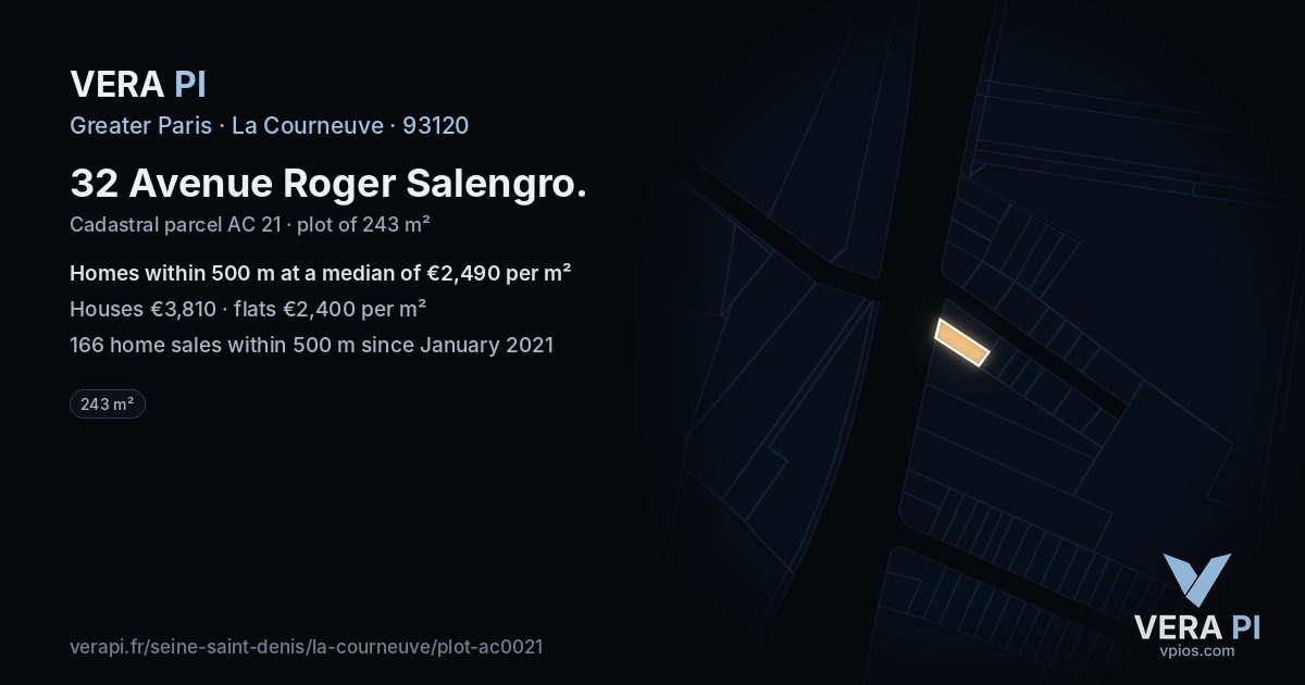32 Avenue Roger Salengro, La Courneuve at night – the plot lit, the parcels around coloured by the prices near them