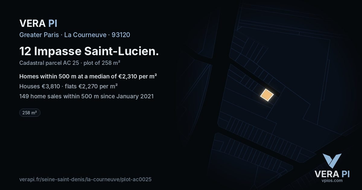 12 Impasse Saint-Lucien, La Courneuve at night – the plot lit, the parcels around coloured by the prices near them
