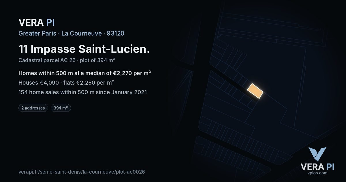 11 Impasse Saint-Lucien, La Courneuve at night – the plot lit, the parcels around coloured by the prices near them