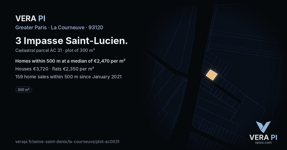 3 Impasse Saint-Lucien, La Courneuve at night – the plot lit, the parcels around coloured by the prices near them