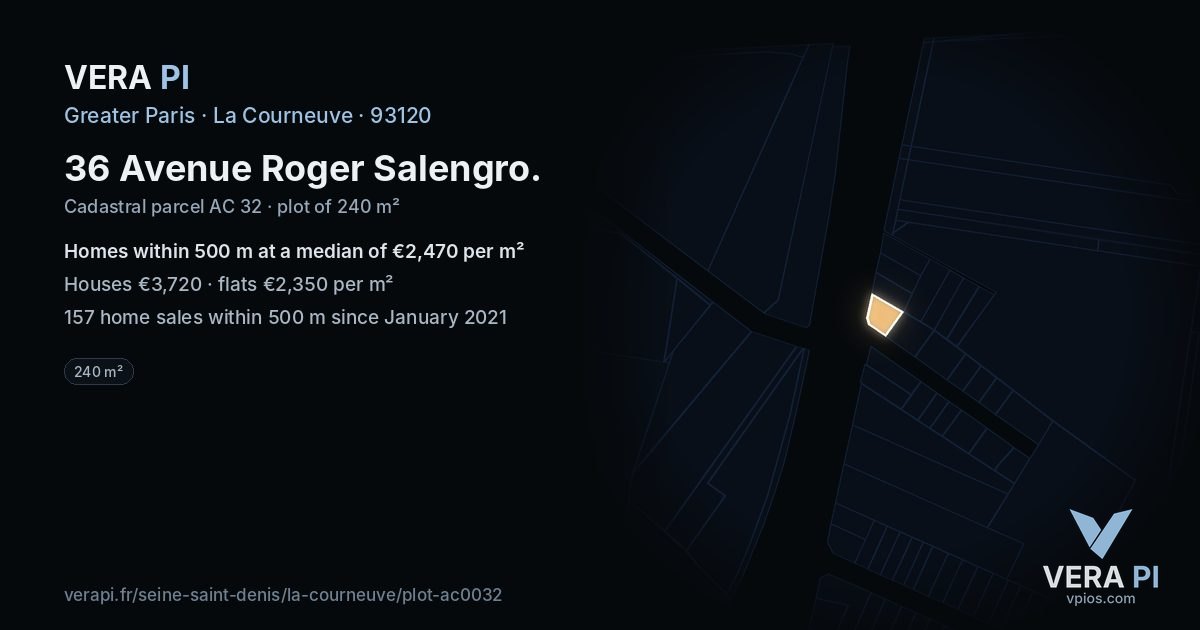 36 Avenue Roger Salengro, La Courneuve at night – the plot lit, the parcels around coloured by the prices near them
