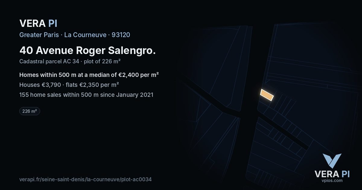 40 Avenue Roger Salengro, La Courneuve at night – the plot lit, the parcels around coloured by the prices near them