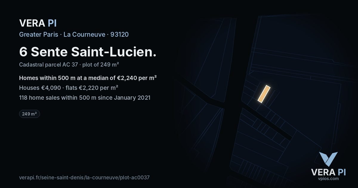 6 Sente Saint-Lucien, La Courneuve at night – the plot lit, the parcels around coloured by the prices near them