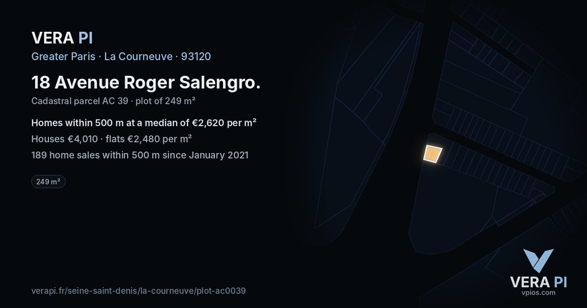 18 Avenue Roger Salengro, La Courneuve at night – the plot lit, the parcels around coloured by the prices near them