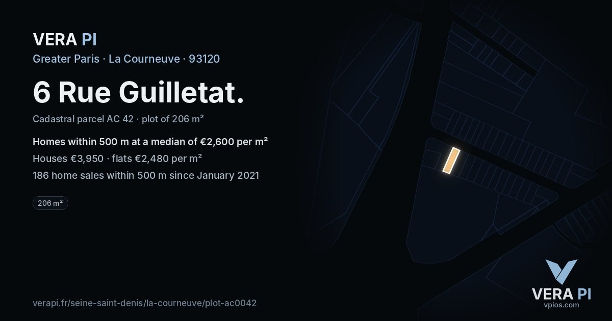 6 Rue Guilletat, La Courneuve at night – the plot lit, the parcels around coloured by the prices near them