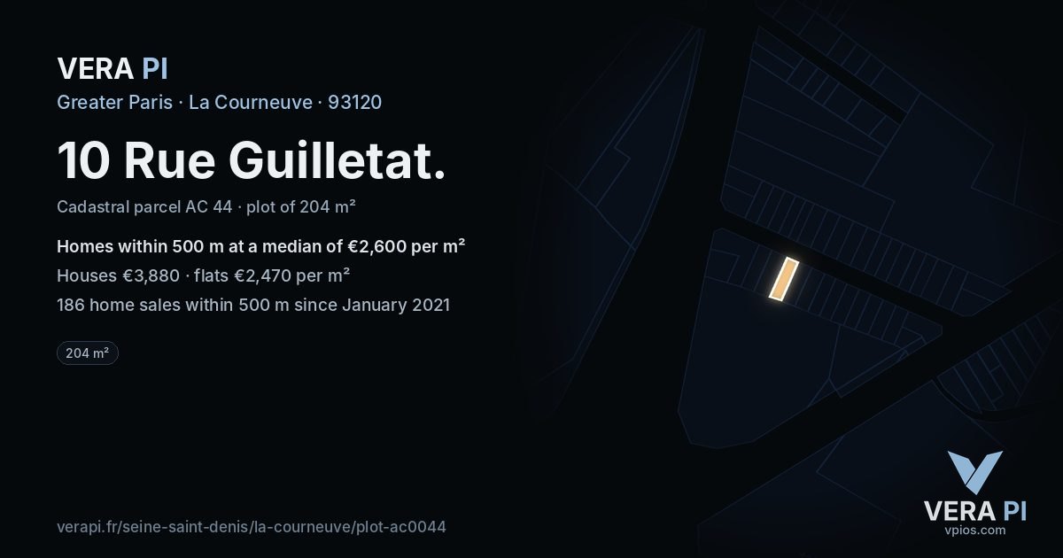 10 Rue Guilletat, La Courneuve at night – the plot lit, the parcels around coloured by the prices near them