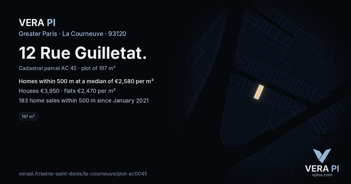 12 Rue Guilletat, La Courneuve at night – the plot lit, the parcels around coloured by the prices near them