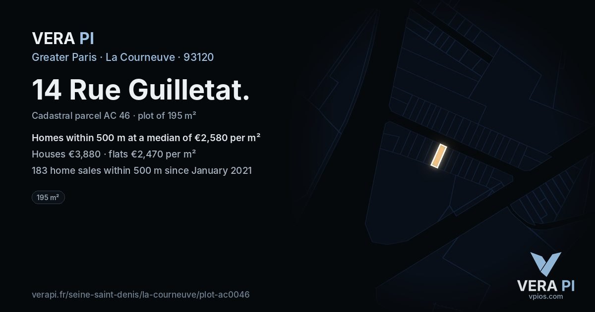 14 Rue Guilletat, La Courneuve at night – the plot lit, the parcels around coloured by the prices near them