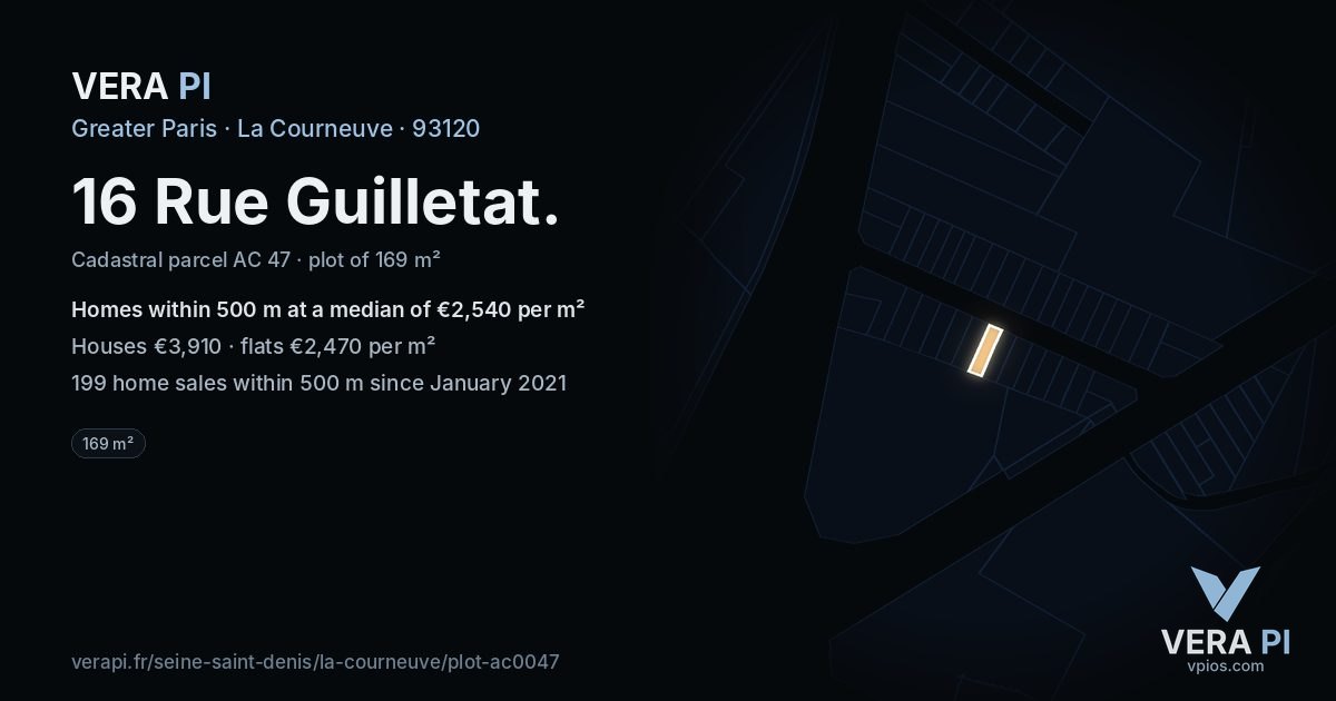 16 Rue Guilletat, La Courneuve at night – the plot lit, the parcels around coloured by the prices near them
