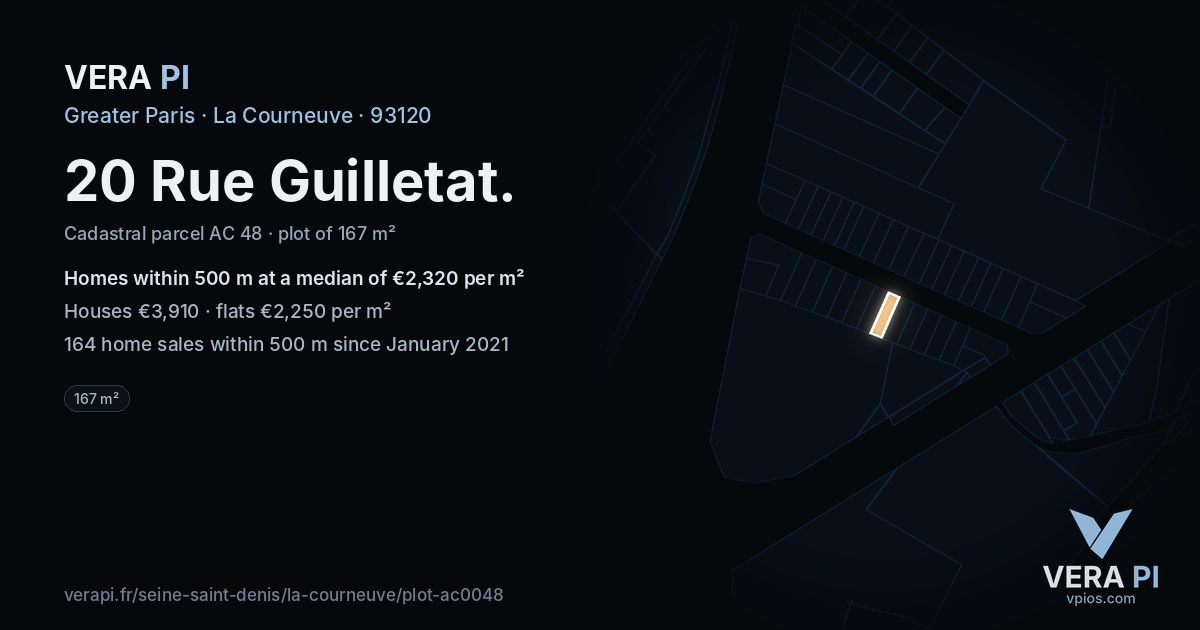 20 Rue Guilletat, La Courneuve at night – the plot lit, the parcels around coloured by the prices near them