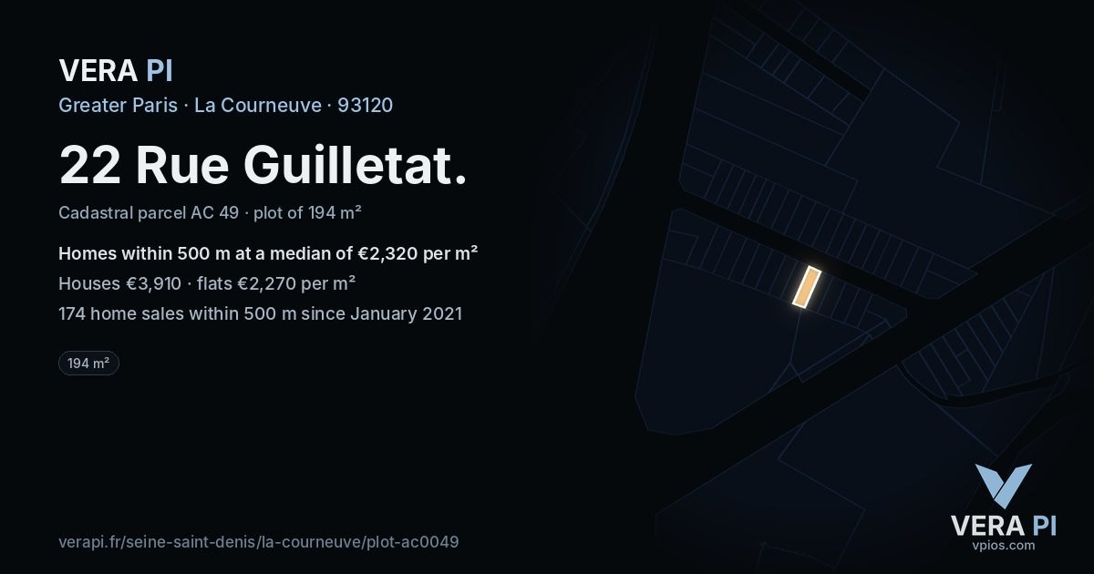 22 Rue Guilletat, La Courneuve at night – the plot lit, the parcels around coloured by the prices near them