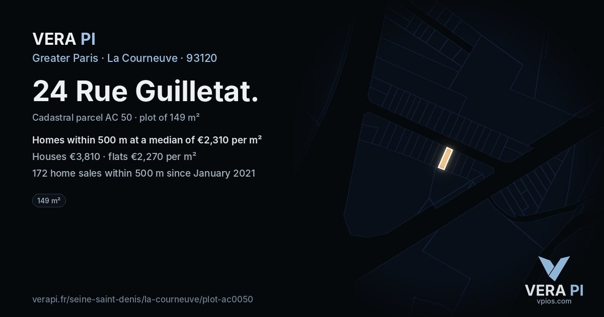 24 Rue Guilletat, La Courneuve at night – the plot lit, the parcels around coloured by the prices near them