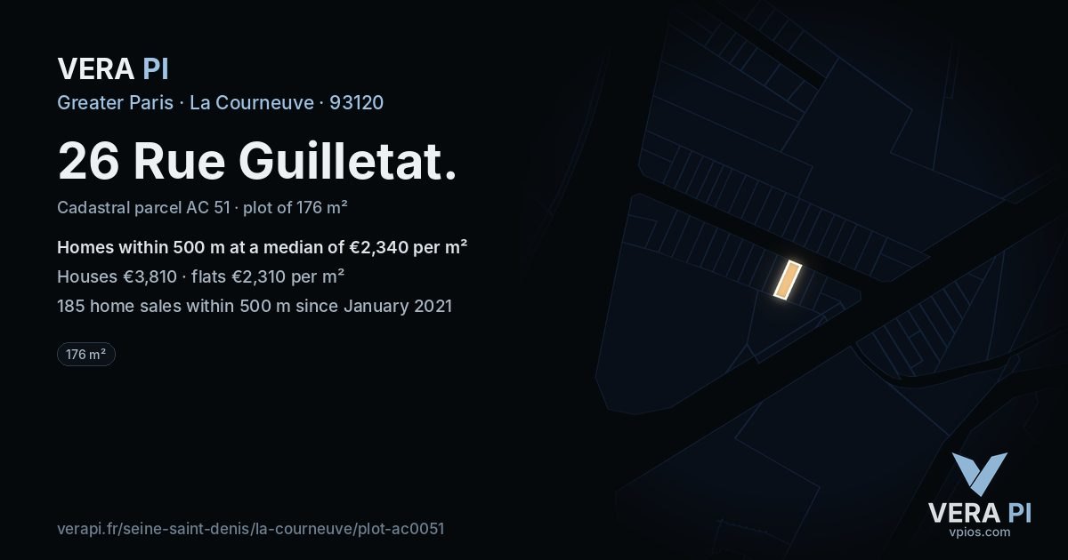 26 Rue Guilletat, La Courneuve at night – the plot lit, the parcels around coloured by the prices near them