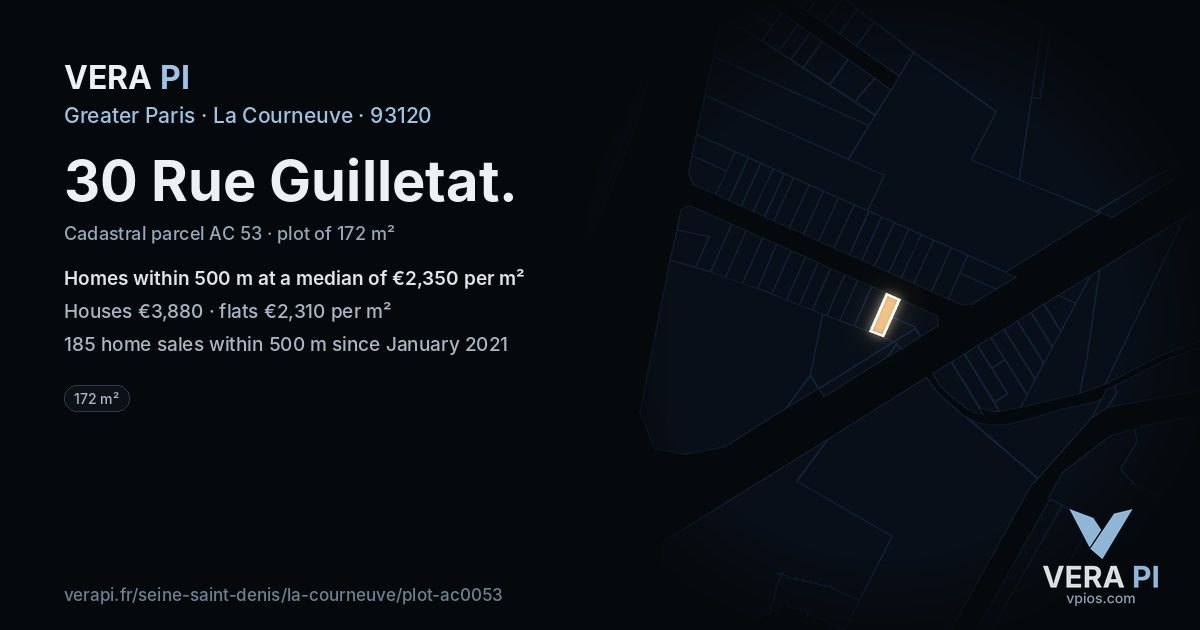 30 Rue Guilletat, La Courneuve at night – the plot lit, the parcels around coloured by the prices near them