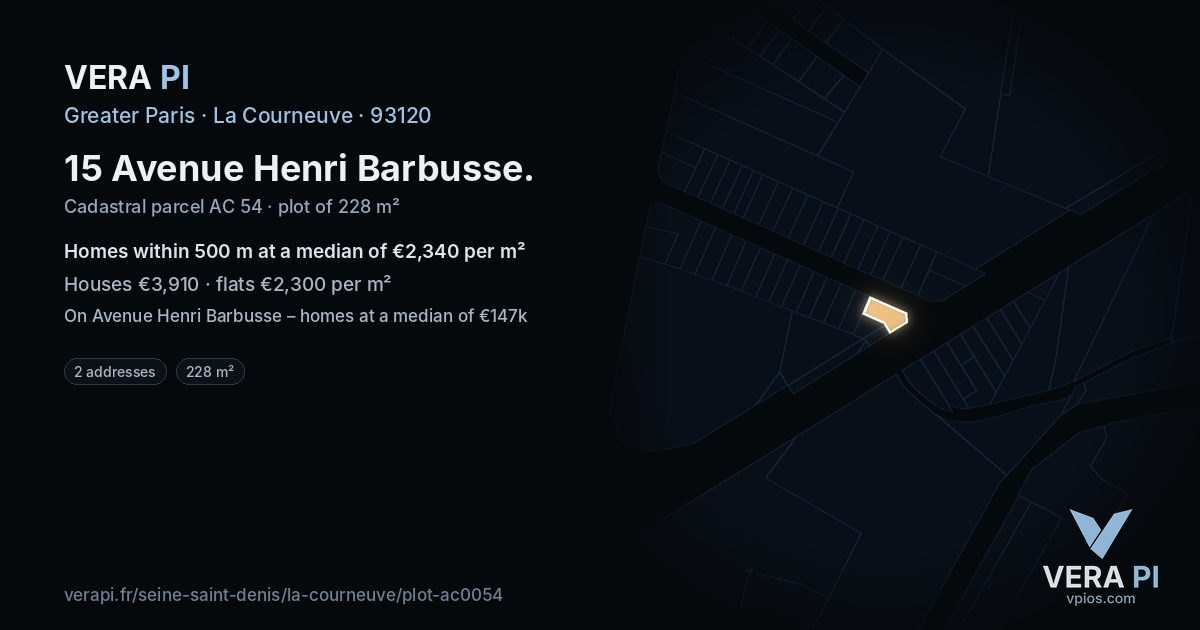 15 Avenue Henri Barbusse, La Courneuve at night – the plot lit, the parcels around coloured by the prices near them