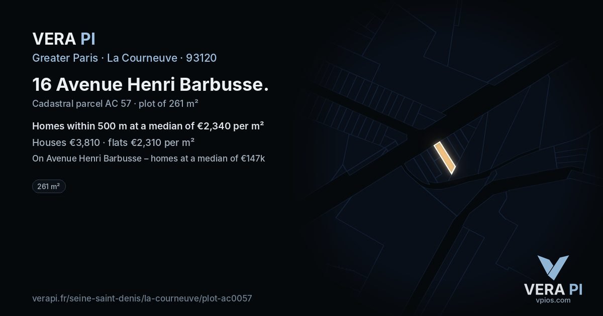 16 Avenue Henri Barbusse, La Courneuve at night – the plot lit, the parcels around coloured by the prices near them
