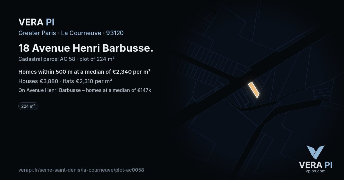 18 Avenue Henri Barbusse, La Courneuve at night – the plot lit, the parcels around coloured by the prices near them