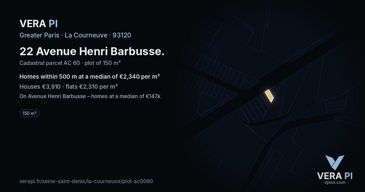 22 Avenue Henri Barbusse, La Courneuve at night – the plot lit, the parcels around coloured by the prices near them
