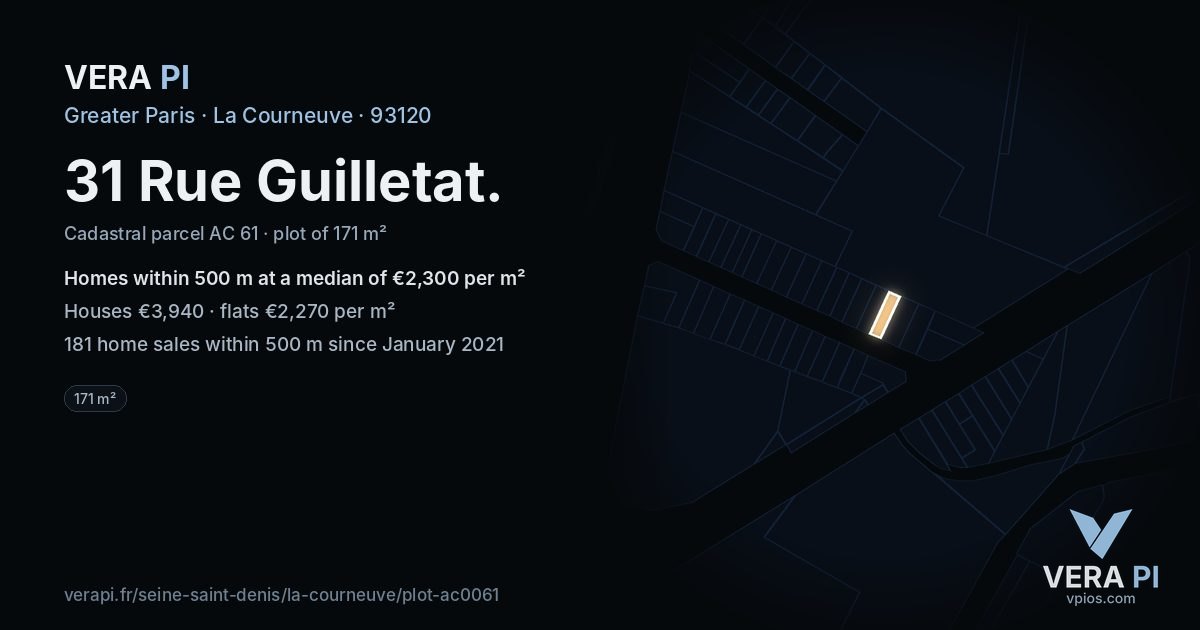 31 Rue Guilletat, La Courneuve at night – the plot lit, the parcels around coloured by the prices near them