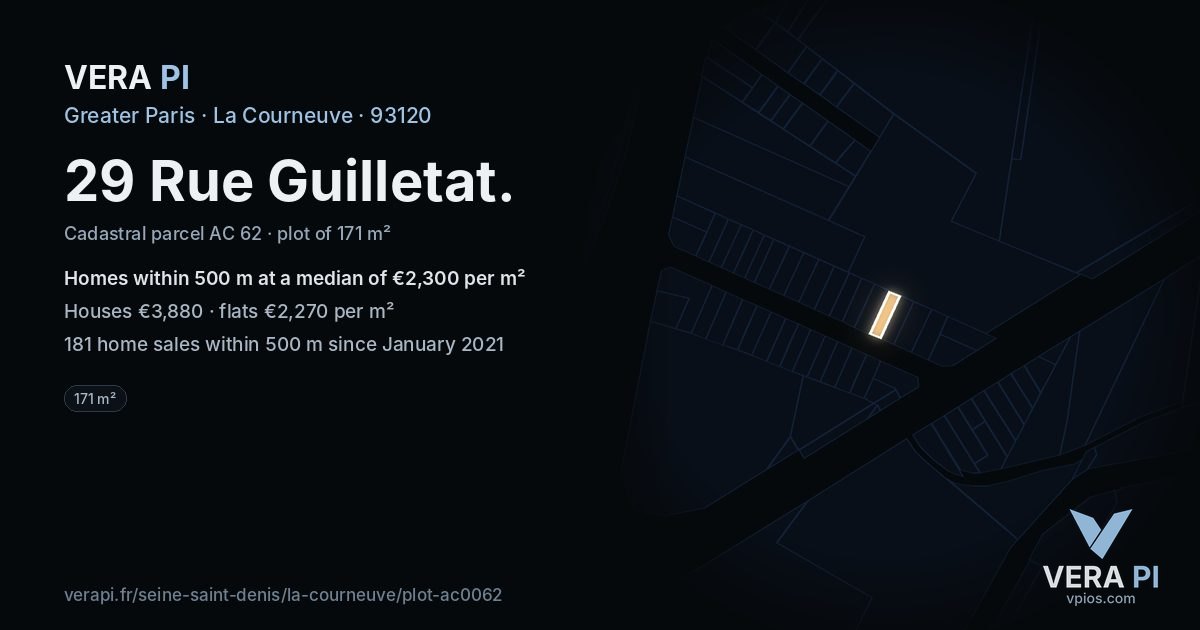 29 Rue Guilletat, La Courneuve at night – the plot lit, the parcels around coloured by the prices near them