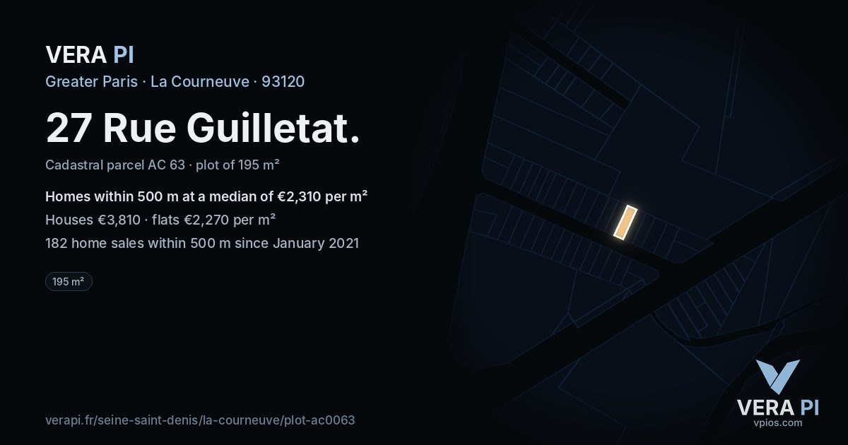 27 Rue Guilletat, La Courneuve at night – the plot lit, the parcels around coloured by the prices near them