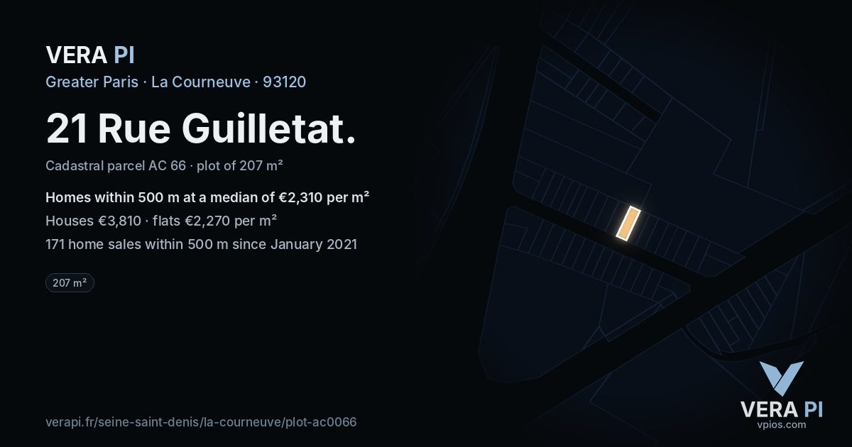 21 Rue Guilletat, La Courneuve at night – the plot lit, the parcels around coloured by the prices near them